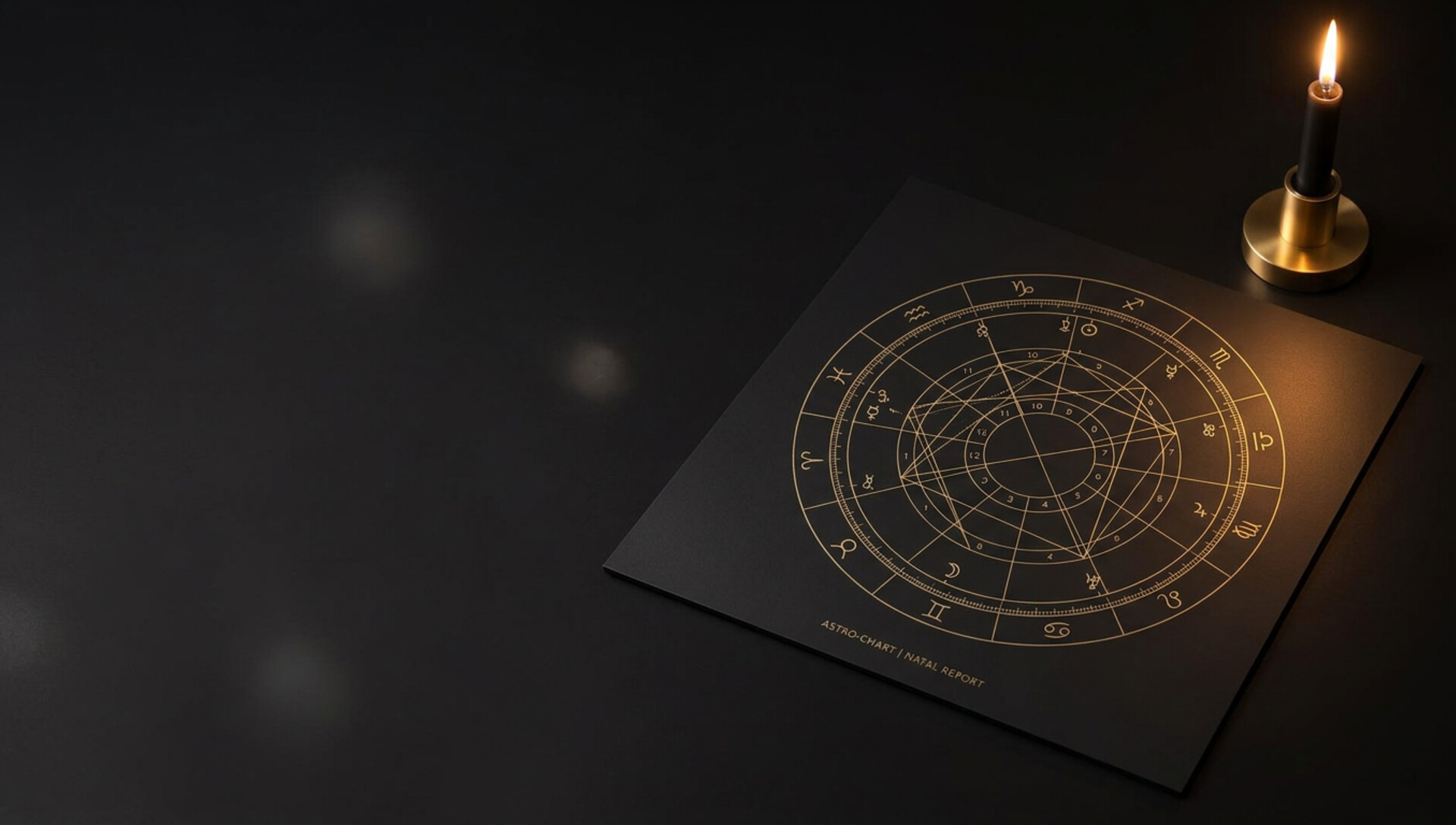Moderner goldener Astro-Chart mit Geburtshoroskop und schwarzer Kerze