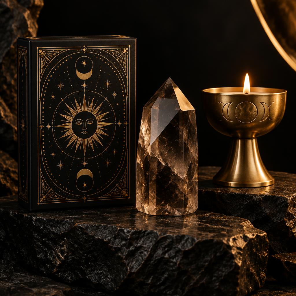 Tarotdeck, Rauchquarz und goldener Kerzenhalter